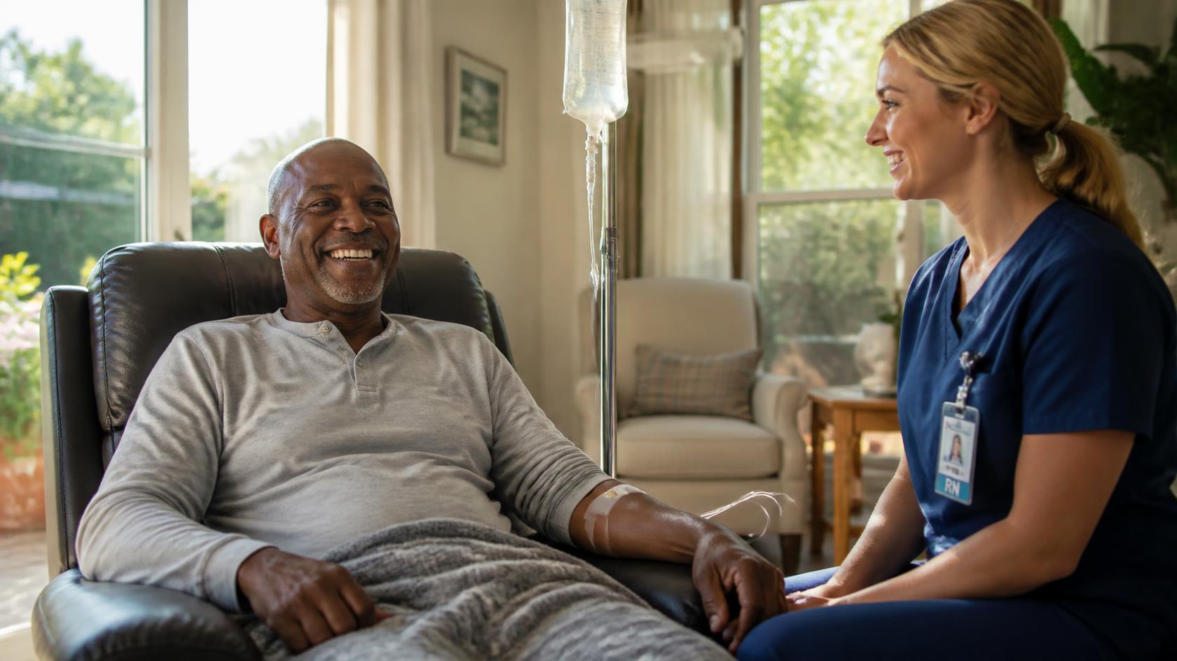 A patient laughing with his nurse during an infusion at home