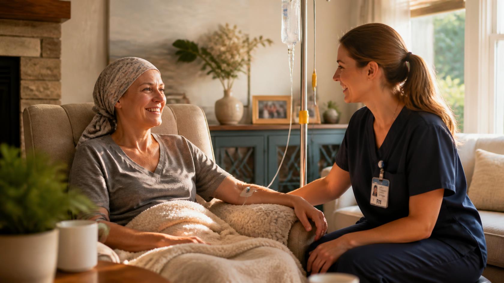 A patient laughing with her nurse at home